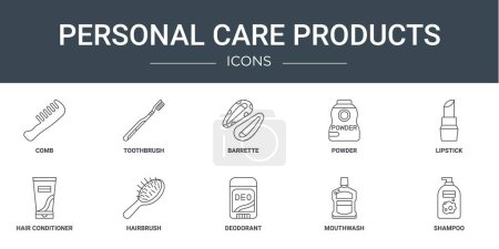 Ilustración de Conjunto de 10 iconos de productos de cuidado personal web esquema como peine, cepillo de dientes, barreta, polvo, lápiz labial, acondicionador de cabello, iconos de vectores de cepillo para el informe, presentación, diagrama, diseño web, - Imagen libre de derechos