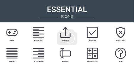 set of 10 outline web essential icons such as game, align text, upload, approve, unsecure, justify, align right vector icons for report, presentation, diagram, web design, mobile app