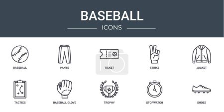 Satz von 10 Umrissen Web-Baseball-Symbole wie Baseball, Hosen, Ticket, Streik, Jacke, Taktik, Baseball-Handschuh-Vektor-Symbole für Bericht, Präsentation, Diagramm, Web-Design, mobile App