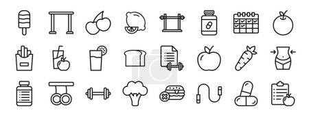 Ilustración de Conjunto de 24 iconos de la dieta web esquema tales como, ejercicio, tomate cereza, limón, mancuerna, drogas, iconos de vectores de horario para el informe, presentación, diagrama, diseño web, aplicación móvil - Imagen libre de derechos