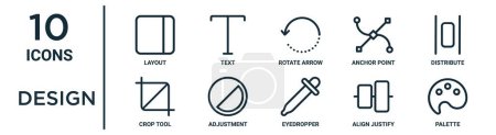 design outline icon set such as thin line layout, rotate arrow, distribute, adjustment, align justify, palette, crop tool icons for report, presentation, diagram, web design