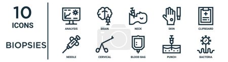 Téléchargez les illustrations : Ensemble d'icônes de contour de biopsies telles que l'analyse de ligne mince, cou, presse-papiers, cervical, poinçon, bactéries, icônes d'aiguille pour rapport, présentation, diagramme, conception Web - en licence libre de droit