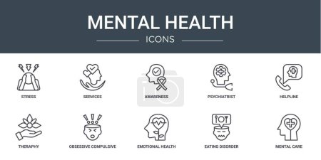 Illustration for Set of 10 outline web mental health icons such as stress, services, awareness, psychiatrist, helpline, theraphy, obsessive compulsive disorder vector icons for report, presentation, diagram, web - Royalty Free Image
