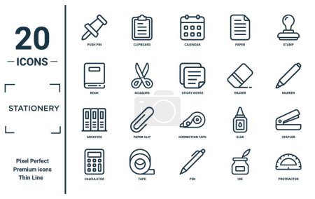 Illustration for Stationery linear icon set. includes thin line push pin, book, archives, calculator, protractor, sticky notes, stapler icons for report, presentation, diagram, web design - Royalty Free Image