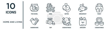 home and living outline icon set such as thin line fish bowl, notes, paint, tap, grocery, coexistence, handshake icons for report, presentation, diagram, web design