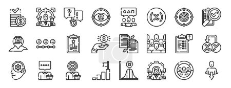 Illustration for Set of 24 outline web market research icons such as cost, focus group, interview, eye tracking, public opinion, independent variable, targeting vector icons for report, presentation, diagram, web - Royalty Free Image