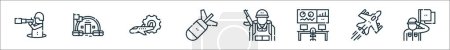 outline set of armed forces line icons. linear vector icons such as reconnaissance, bunker, aircraft maintenance, missile, infantry, command centre, fighter aircraft, soldier saluting flag