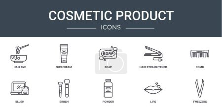 Illustration for Set of 10 outline web cosmetic product icons such as hair dye, sun cream, soap, hair straightener, comb, blush, brush vector icons for report, presentation, diagram, web design, mobile app - Royalty Free Image