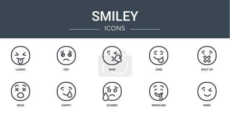 Illustration for Set of 10 outline web smiley icons such as laugh, cry, kiss, joke, shut up, dead, happy vector icons for report, presentation, diagram, web design, mobile app - Royalty Free Image