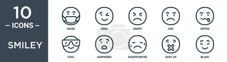 Illustration for Smiley outline icon set includes thin line mask, wink, angry, sad, zipped, cool, surprised icons for report, presentation, diagram, web design - Royalty Free Image
