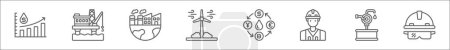 outline set of oil industry line icons. linear vector icons such as oil price, oil platform, pollution, wind power, currency, worker, hand pump, helmet