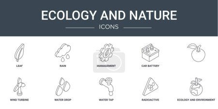 set of 10 outline web ecology and nature icons such as leaf, rain, management, car battery, , wind turbine, water drop vector icons for report, presentation, diagram, web design, mobile app