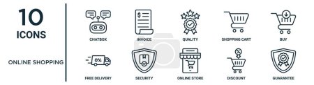 Illustration for Online shopping outline icon set such as thin line chatbox, quality, buy, security, discount, guarantee, free delivery icons for report, presentation, diagram, web design - Royalty Free Image