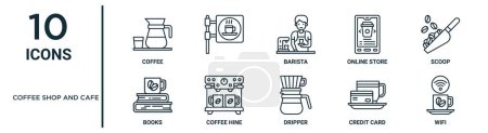 coffee shop and cafe outline icon set such as thin line coffee, barista, scoop, coffee hine, credit card, wifi, books icons for report, presentation, diagram, web design