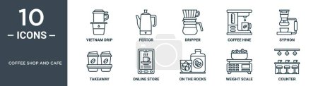 café tienda y café esquema icono conjunto incluye línea delgada vietnam goteo, pertor, gotero, hine café, syphon, comida para llevar, iconos de la tienda en línea para el informe, presentación, diagrama, diseño web
