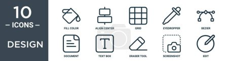 design outline icon set includes thin line fill color, align center, grid, eyedropper, bezier, document, text box icons for report, presentation, diagram, web design