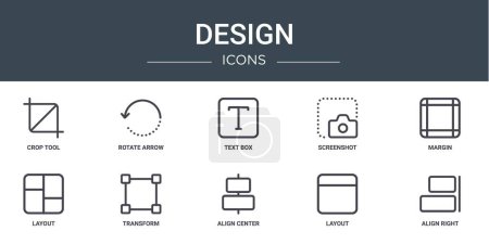 Illustration for Set of 10 outline web design icons such as crop tool, rotate arrow, text box, screenshot, margin, layout, transform vector icons for report, presentation, diagram, web design, mobile app - Royalty Free Image