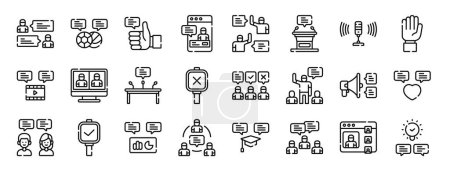 Illustration for Set of 24 outline web discussion icons such as discussion, discussion, thumbs up, conversation, podium, microphone vector icons for report, presentation, diagram, web design, mobile app - Royalty Free Image