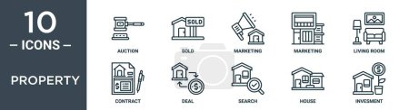 Immobilien umreißen Symbol-Set umfasst dünne Linie Auktion, verkauft, Marketing, Marketing, Wohnzimmer, Vertrag, Deal-Symbole für Bericht, Präsentation, Diagramm, Web-Design