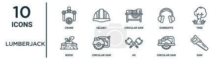 Illustration for Lumberjack outline icon set such as thin line crane, circular saw, tree, circular saw, circular saw, wood icons for report, presentation, diagram, web design - Royalty Free Image