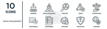conjunto de iconos de esquema de gestión de crisis como advertencia de línea delgada, análisis, stakeholders, evaluación, mitigación, gerente, iconos de contingencia para informe, presentación, diagrama, diseño web