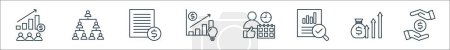 Ilustración de Esquema conjunto de iconos de línea de gestión de ventas. iconos vectoriales lineales como agente de ventas, estructura de la organización, estados financieros, desarrollo, disciplina, análisis, fondos, compensación - Imagen libre de derechos