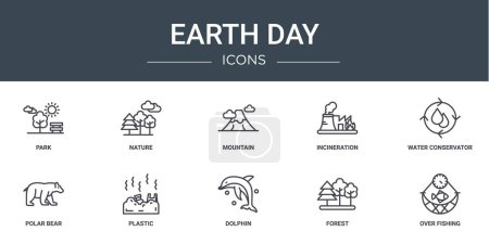 Illustration for Set of 10 outline web earth day icons such as park, nature, mountain, incineration, water conservator, polar bear, plastic vector icons for report, presentation, diagram, web design, mobile app - Royalty Free Image