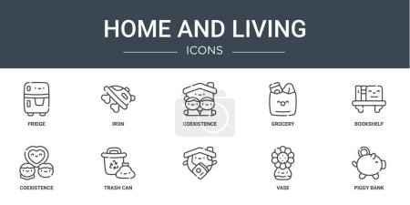 set of 10 outline web home and living icons such as fridge, iron, coexistence, grocery, bookshelf, coexistence, trash can vector icons for report, presentation, diagram, web design, mobile app