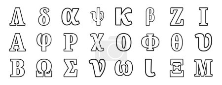Ilustración de Conjunto de 24 contorno web griego alfabetos iconos como lambda, delta, alfa, psi, kappa, beta, zeta vector iconos para el informe, presentación, diagrama, diseño web, aplicación móvil - Imagen libre de derechos
