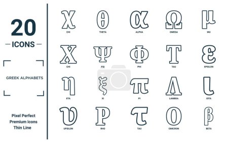 Téléchargez les illustrations : Alphabets grecs ensemble d'icônes linéaires. comprend fine ligne chi, chi, eta, upsilon, bêta, phi, iota icônes pour rapport, présentation, diagramme, conception web - en licence libre de droit