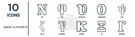 Ilustración de Conjunto de iconos de esquema de alfabetos griegos como línea delgada nu, upsilon, psi, gamma, xi, gamma, iconos zeta para el informe, presentación, diagrama, diseño web - Imagen libre de derechos