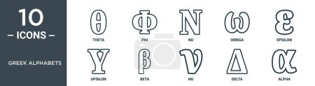 Ilustración de Conjunto de iconos de esquema de alfabetos griegos incluye theta línea delgada, phi, nu, omega, epsilon, upsilon, iconos beta para el informe, presentación, diagrama, diseño web - Imagen libre de derechos