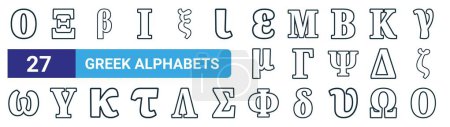 set of 27 outline web greek alphabets icons such as omicron, xi, beta, mu, gamma, upsilon, phi, omicron vector thin line icons for web design, mobile app.