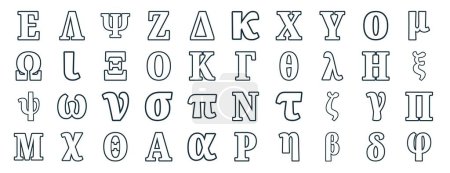 Téléchargez les illustrations : Jeu de 40 icônes d'alphabets grecs tels que lambda, omega, psi, mu, eta, mu, icônes kappa pour rapport, présentation, diagramme, conception web, application mobile - en licence libre de droit