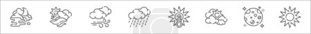 Téléchargez les illustrations : Aperçu ensemble de phénomènes météorologiques ligne icônes. icônes vectorielles linéaires telles que brouillard, brume, vent, pluie, haute température, jour nuageux, pleine lune, soleil - en licence libre de droit