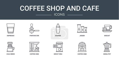 set of 10 outline web coffee shop and cafe icons such as espresso, portafilter, shaker, jigger, biscuit, cold brew, coffee hine vector icons for report, presentation, diagram, web design, mobile app