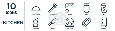 Ensemble d'icônes de contour de cuisine telles que couvercle de plateau mince, mélangeur, sel, couteau, plateau, réfrigérateur, icônes de broyeur pour rapport, présentation, diagramme, conception web