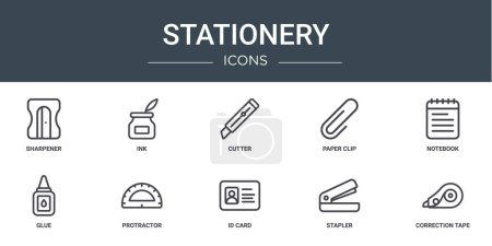Illustration for Set of 10 outline web stationery icons such as sharpener, ink, cutter, paper clip, notebook, glue, protractor vector icons for report, presentation, diagram, web design, mobile app - Royalty Free Image