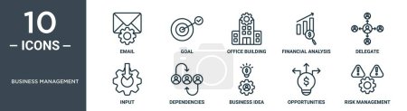 Illustration for Business management outline icon set includes thin line email, goal, office building, financial analysis, delegate, input, dependencies icons for report, presentation, diagram, web design - Royalty Free Image