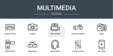 set of 10 outline web multimedia icons such as control device, camera, video record, projector device, radio, video record, sunglasses vector icons for report, presentation, diagram, web design,
