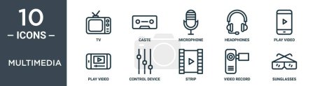 Multimedia-Konturen-Symbol-Set umfasst dünne Linie tv, Kaste, Mikrofon, Kopfhörer, Video abspielen, Video abspielen, Steuergerät Symbole für Bericht, Präsentation, Diagramm, Web-Design