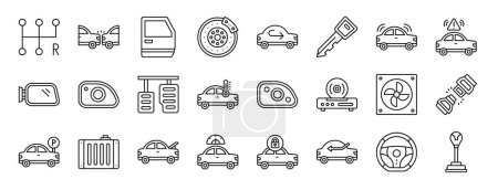 Ilustración de Conjunto de 24 iconos del tablero de instrumentos del coche de la tela del esquema tales como transmisión manual, colisión, puerta del coche, freno de disco, recirculado, llave del coche, iconos del vector del sensor para el informe, presentación, diagrama, diseño de la tela, - Imagen libre de derechos