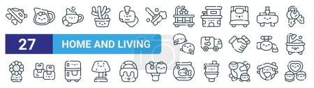 set of 27 outline web home and living icons such as iron, jar, breakfast, house, moving truck, package, fish bowl, coexistence vector thin line icons for web design, mobile app.