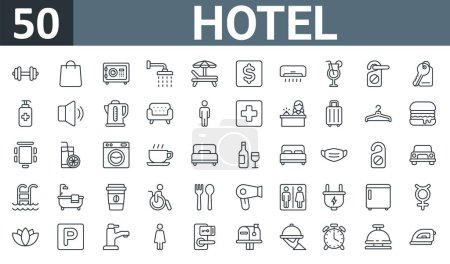 set of 50 outline web hotel icons such as fitness, shopping, safety box, shower, pool chair, cash point, ac vector thin icons for report, presentation, diagram, web design, mobile app.