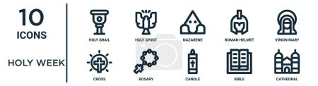 Illustration for Holy week outline icon set such as thin line holy grail, nazarene, virgin mary, rosary, bible, cathedral, cross icons for report, presentation, diagram, web design - Royalty Free Image