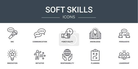 Illustration for Set of 10 outline web soft skills icons such as mic, communication, punctuality, knowledge, persuasive, innovation, initiative vector icons for report, presentation, diagram, web design, mobile app - Royalty Free Image