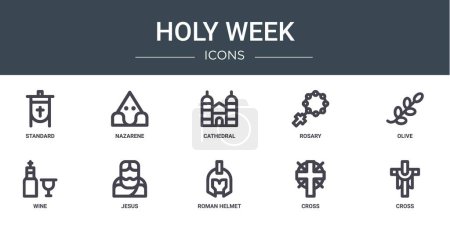 Illustration for Set of 10 outline web holy week icons such as standard, nazarene, cathedral, rosary, olive, wine, jesus vector icons for report, presentation, diagram, web design, mobile app - Royalty Free Image