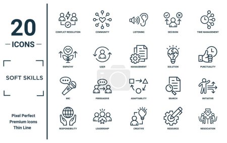 Illustration for Soft skills linear icon set. includes thin line conflict resolution, empathy, mic, responsibility, negociation, management, initiative icons for report, presentation, diagram, web design - Royalty Free Image