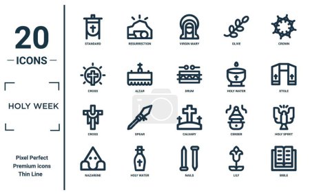 Illustration for Holy week linear icon set. includes thin line standard, cross, cross, nazarene, bible, drum, holy spirit icons for report, presentation, diagram, web design - Royalty Free Image
