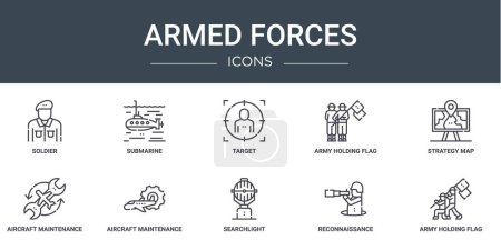 set of 10 outline web armed forces icons such as soldier, submarine, target, army holding flag, strategy map, aircraft maintenance, aircraft maintenance vector icons for report, presentation,